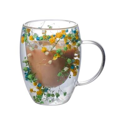 Tazza con fiori secchi gialli e verdi a doppia parete