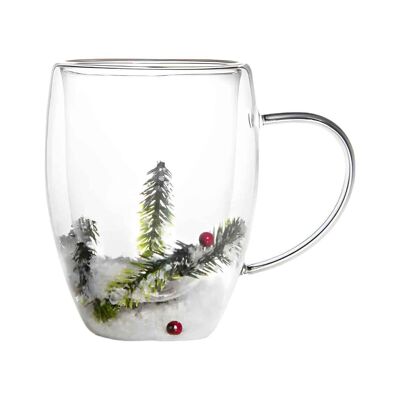 Double Walled Mug with Fir Branches, Berries and Snow