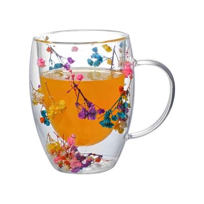 Becher mit getrockneten Blumen, blau, rosa, lila, doppelwandig