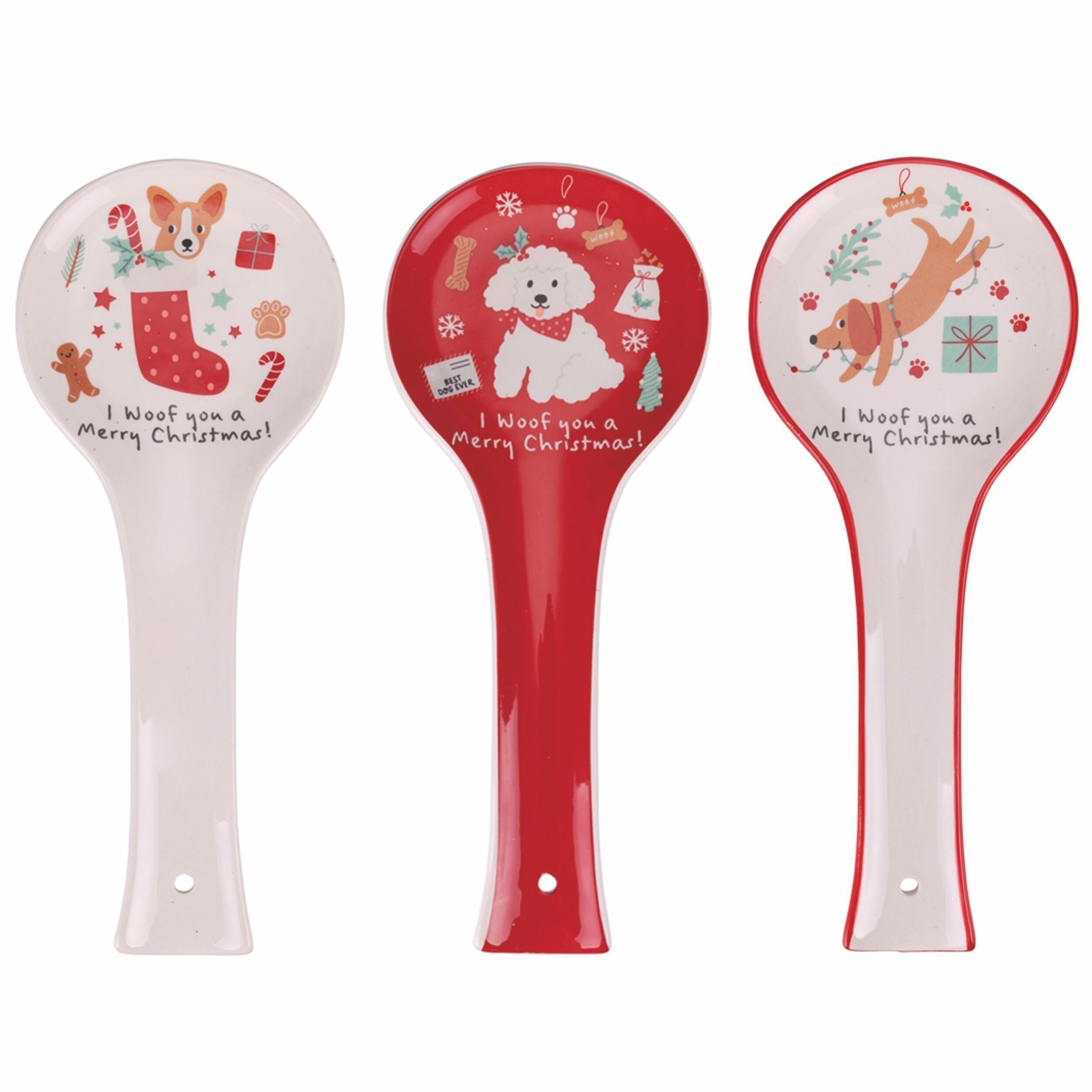 Repose-cuillère de Noël en céramique, chiots, Noël drôle