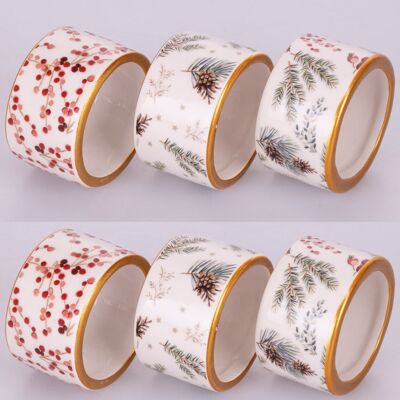 Set of 6 ceramic Christmas napkin rings, Holly