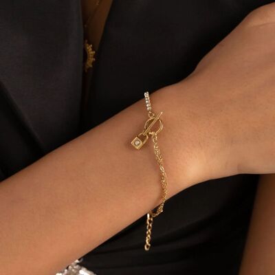 Bracelet Braxton - chaîne rivière, anneau et barre, pendentif cadenas