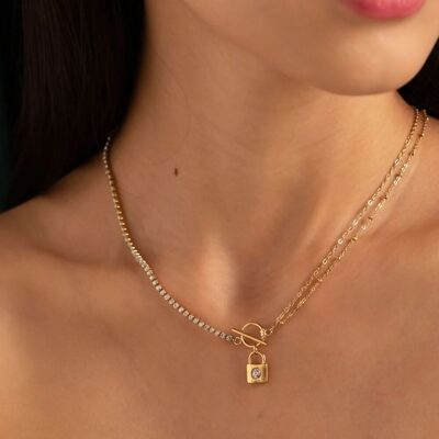 Braxton necklace - river chain, ring and bar, padlock pendant
