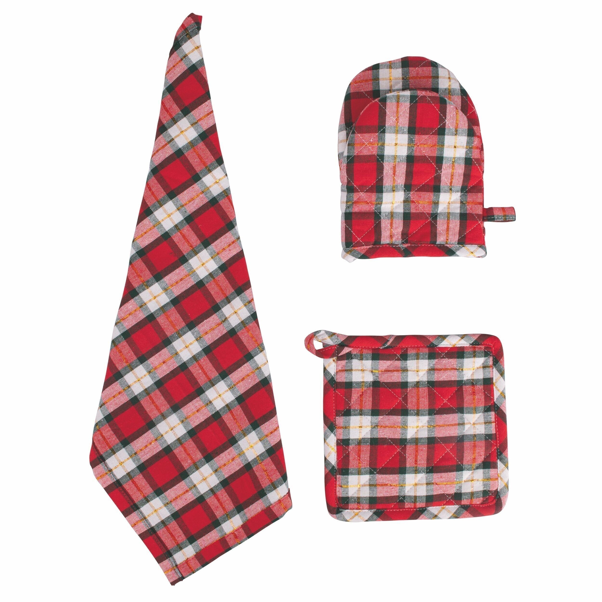 Weihnachtshandschuh-, Topflappen- und Geschirrtuch-Set, Tartan