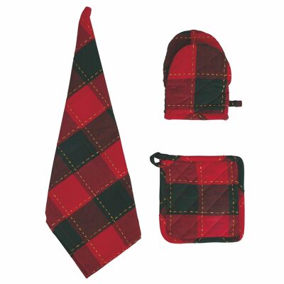 Ensemble gant de Noël, manique et torchon, tartan rouge