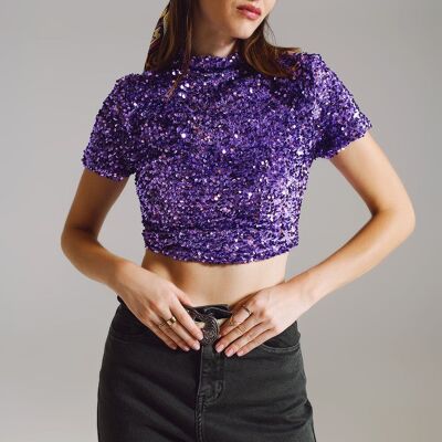 Cropped High Neck Top in Purple Sequin