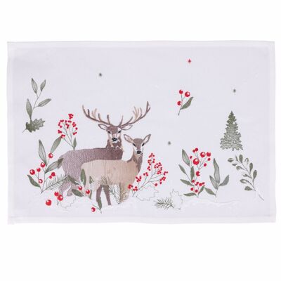 Weißes Weihnachts-Tischset, 45 x 30 cm, Polyester, Rentier, Weihnachten