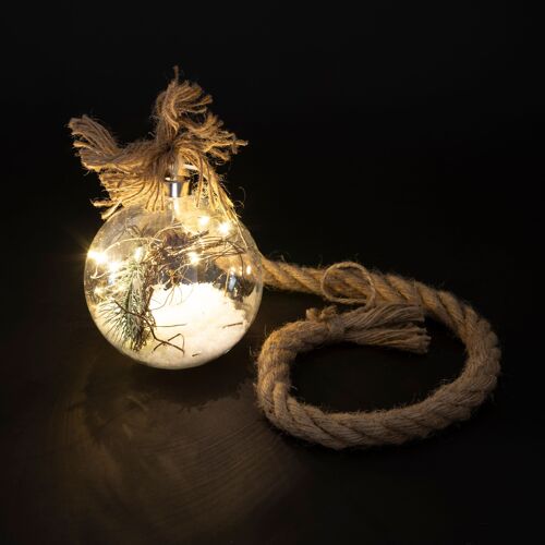 Palla luminosa led h. 12 cm con corda aghi di pino, Xmas