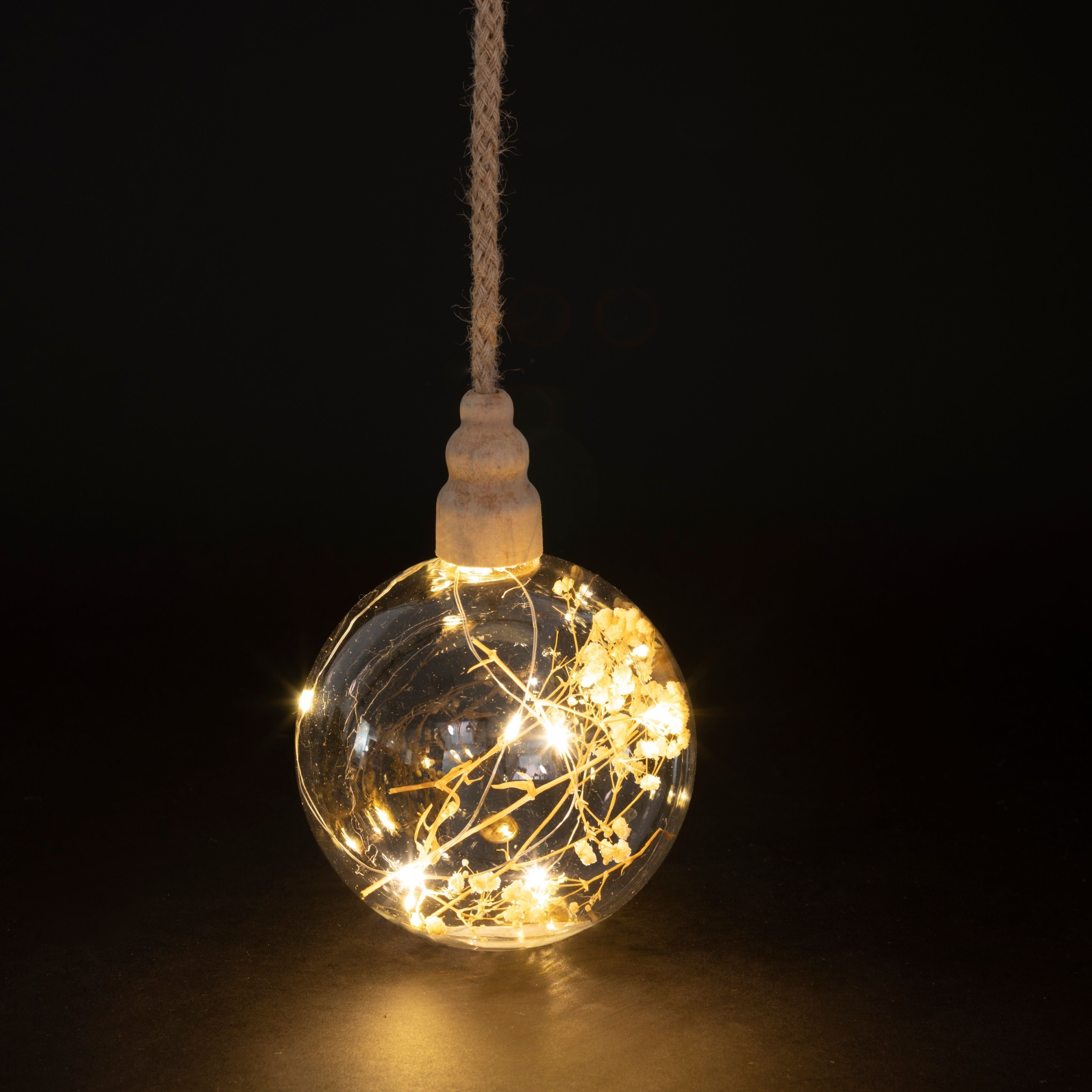 LED-Lichtkugel Ø 12 cm mit Seil und Blumen, Weihnachten
