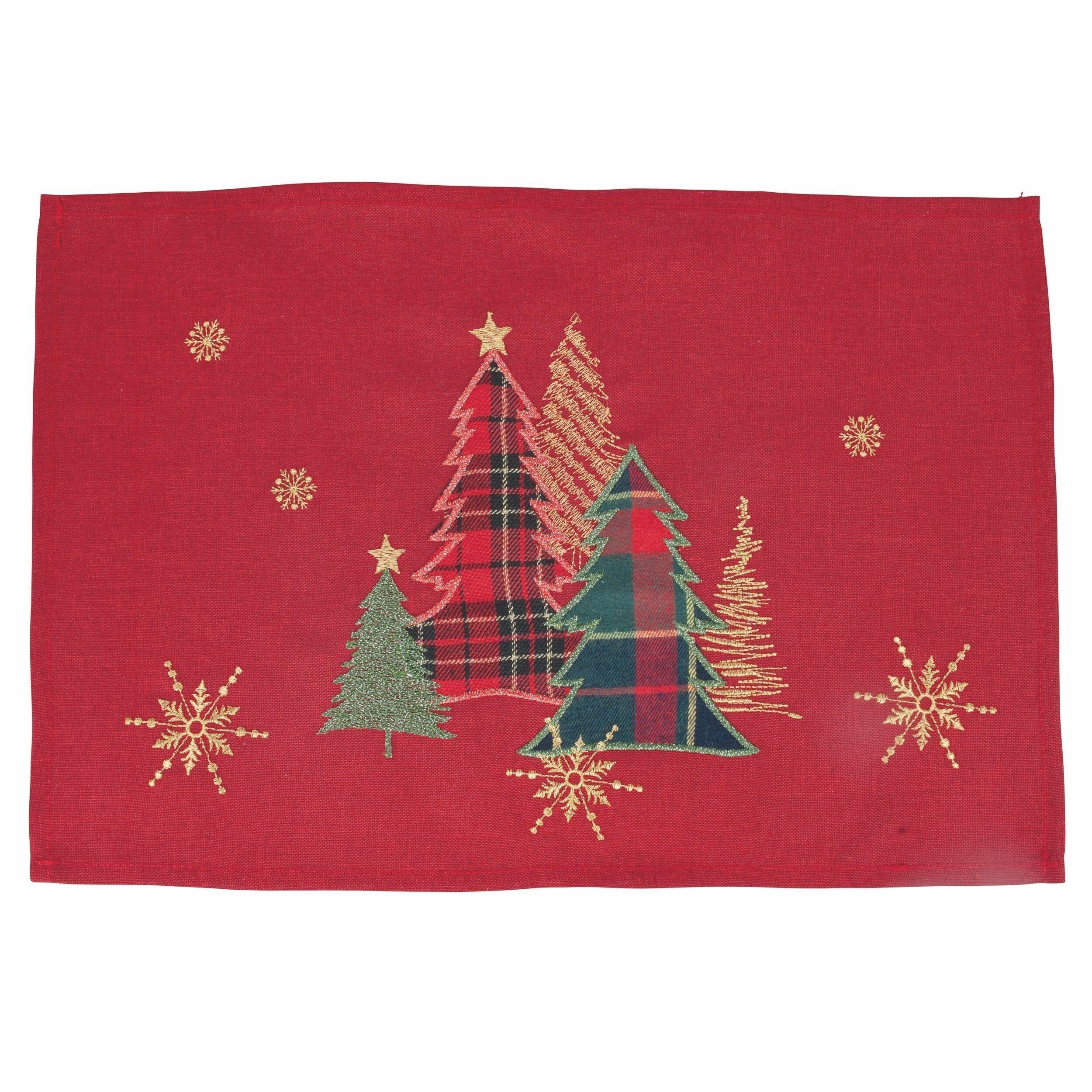 Rotes Weihnachts-Tischset, 45 x 30 cm, Polyester, Bäume, Weihnachten