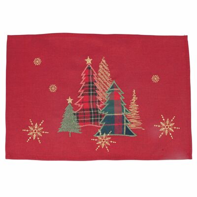 Mantel individual navideño rojo 45x30cm poliéster, árboles, Navidad
