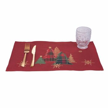 Set de table de Noël rouge 45x30cm en polyester, arbres, Noël 2