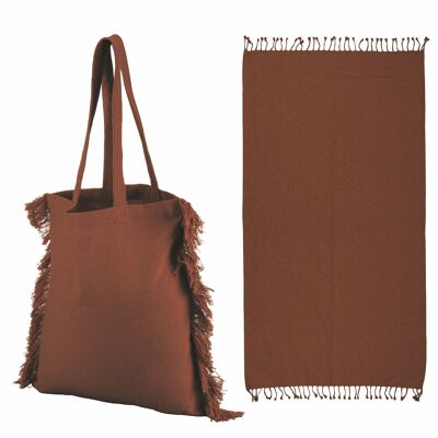 Coffee brown cotton bag and beach towel set, Summer