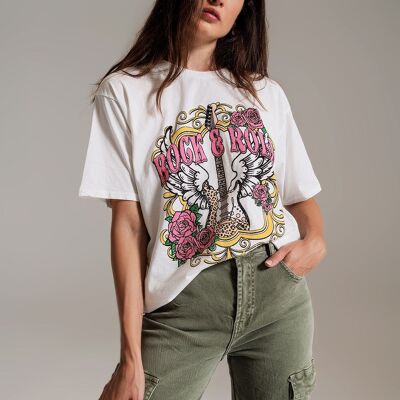 T-shirt con stampa vintage Rock and Roll in bianco