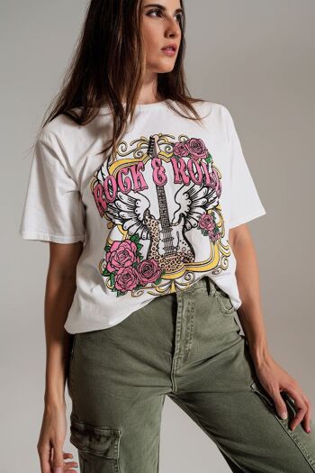 T-shirt vintage imprimé rock and roll en blanc 4