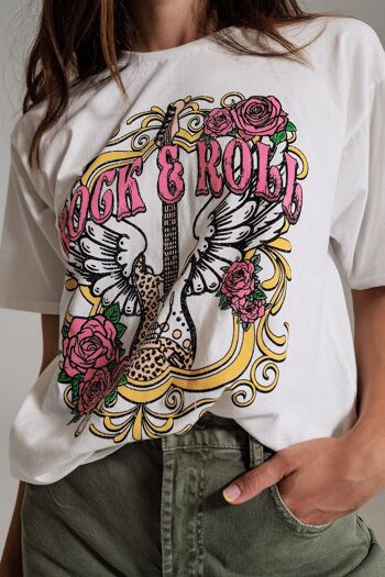 T-shirt vintage imprimé rock and roll en blanc 5