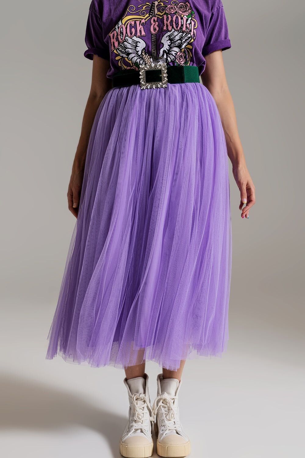 gonna midi in tulle lilla con elastico in vita