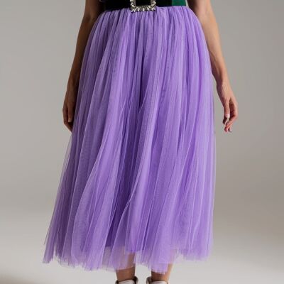 Falda midi de tul lila con cintura elástica