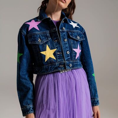 crop denim jacket with multicolored stars