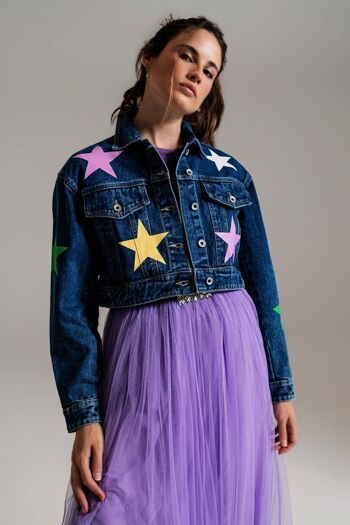 veste en jean crop avec étoiles multicolores 1