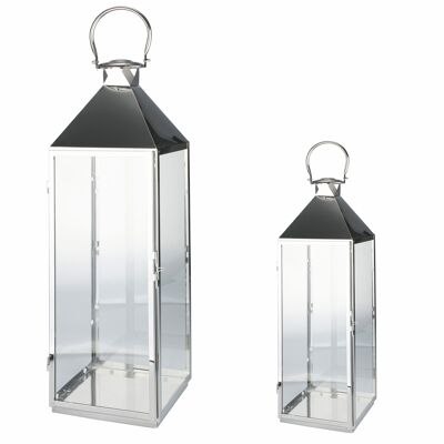 Set of 2 iron and glass lanterns, shiny silver