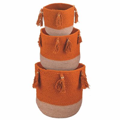 Set de 3 cestas multiusos de algodón y yute, Mostaza, Natural