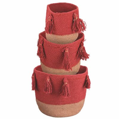 Set de 3 cestas multiusos de algodón y yute, rojo, Natural