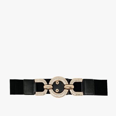 Tight elastic black belt with rhinestone inlaid in a circle