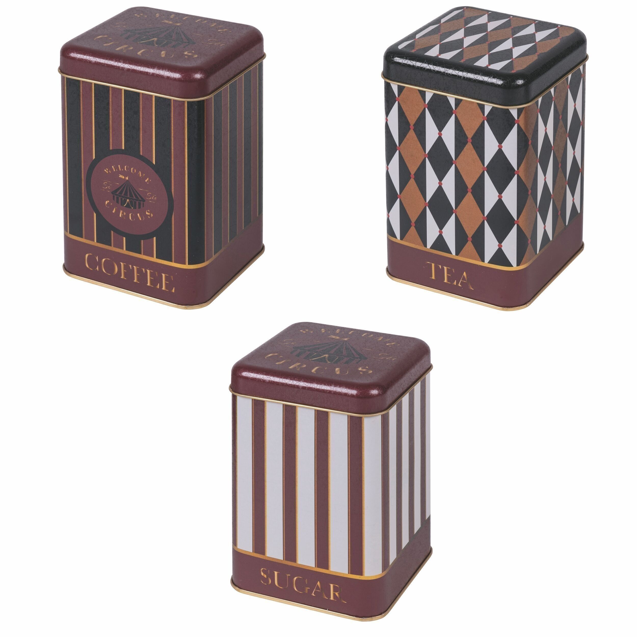 Set mit 3 Kaffee-, Tee- und Zuckerdosen aus Metall, Circus