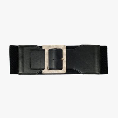 Wide elastic black belt with rhinestone details
