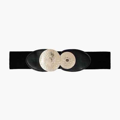 Cinturón elástico negro con doble hebilla metálica.