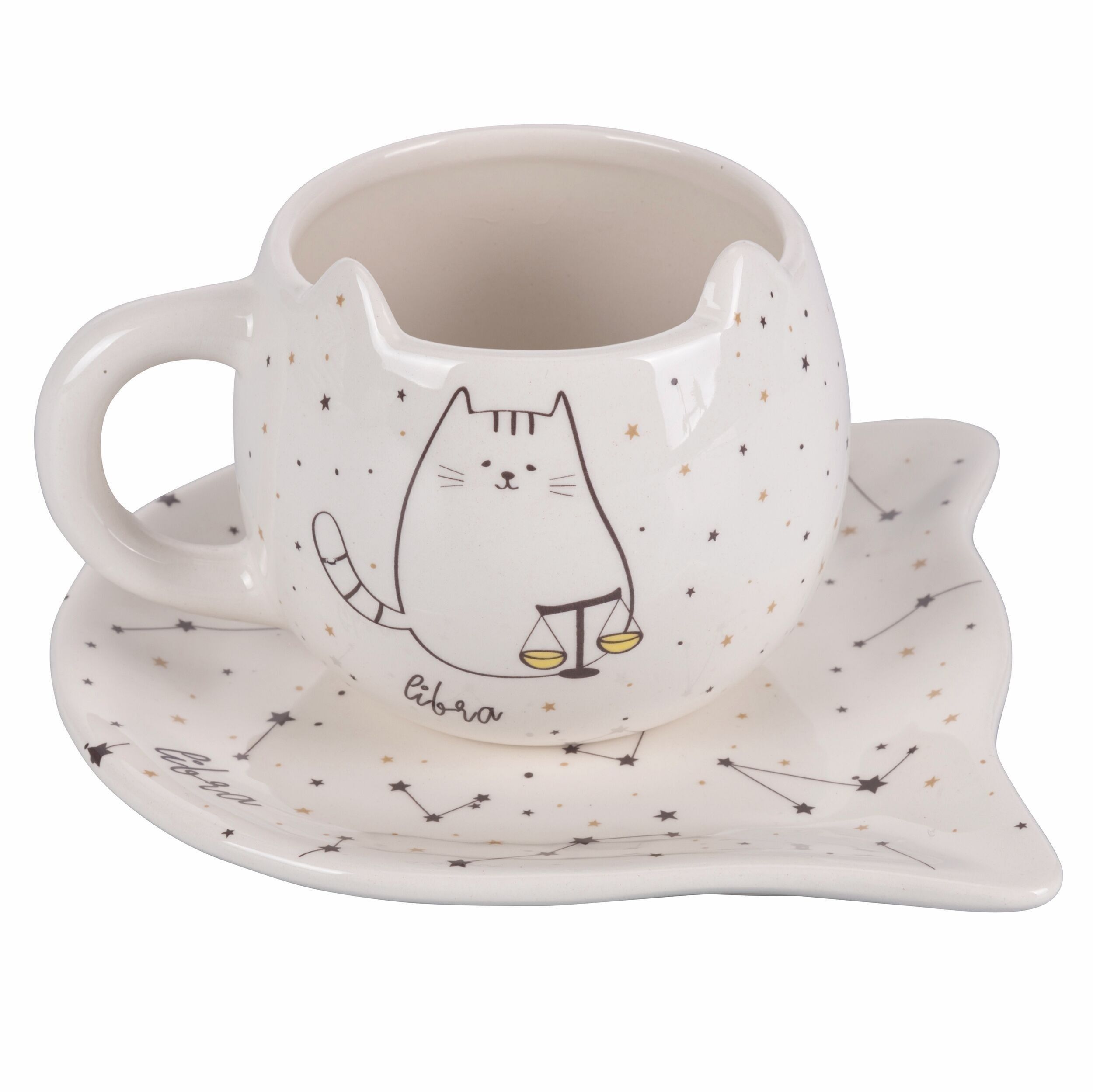 Tazza 400 ml con piattino in ceramica, Oroscocats Libra