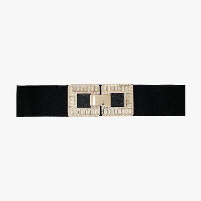 Black elastic belt with double-closing square buckle in rhinestones and metal