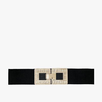 Black elastic belt with double-closing square buckle in rhinestones and metal