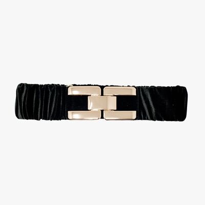 Cinturón de terciopelo elástico negro con cierre metálico.
