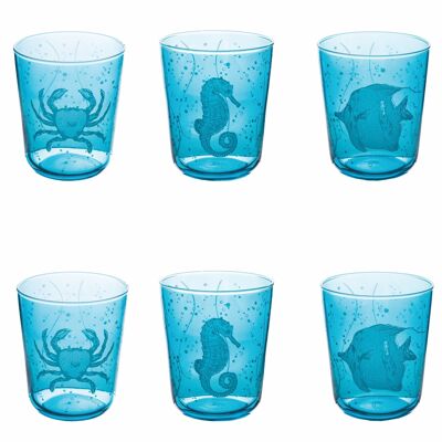 Set of 6 water glasses 315 ml in glass, Under Sea