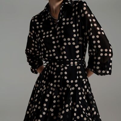 Fit and Frill Polka Dot Dress With Voluminous Sleeves in Black