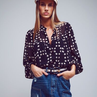 Blouse With Balloon Sleeves and Mao Style Collar in Cream and Black Polka Dot Print