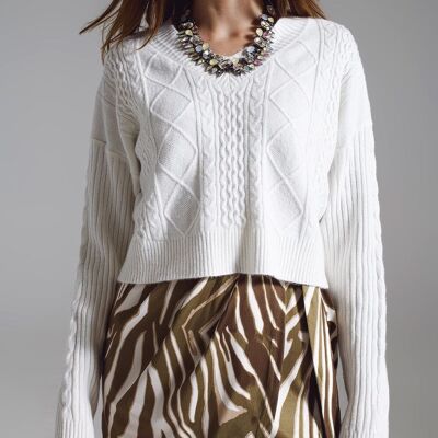Cropped Cable Knit Sweater with V-neckline in White