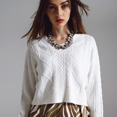 Cropped Cable Knit Sweater with V-neckline in White