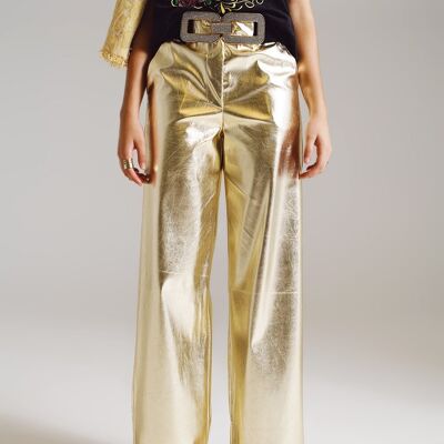 Pantalon droit métallisé doré