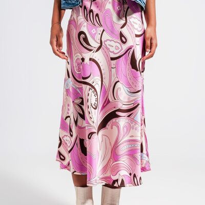 Falda midi con estampado abstracto en rosa