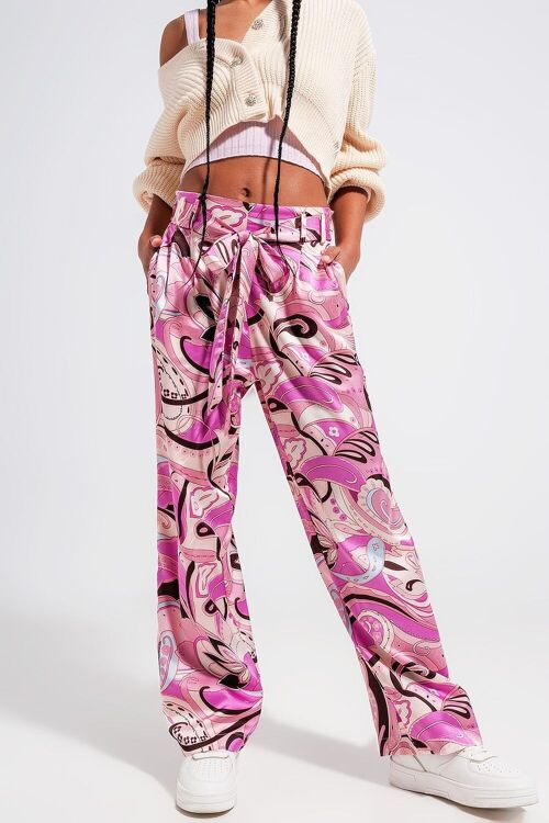 Wide leg pants with belt in pink