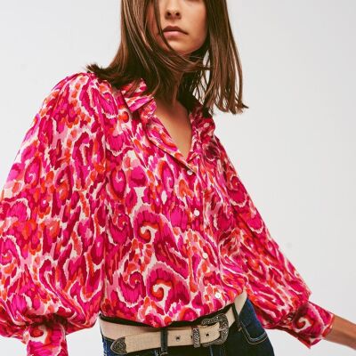 Floral Print Blouse with Volume Sleeves in Pink