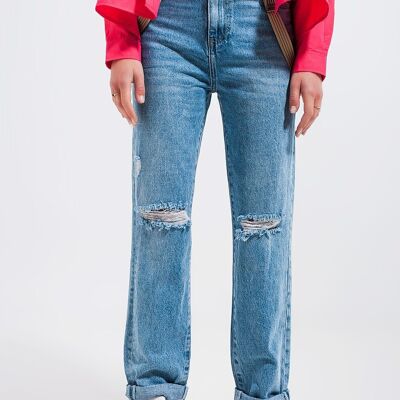 Jeans mit Knierissen in hellblauer Waschung