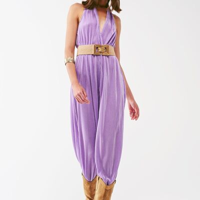 Satin Halter Neck Pleated Maxi Jumpsuit in lilac