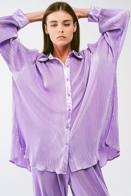 Relaxed Pleated Satin Shirt in lilac