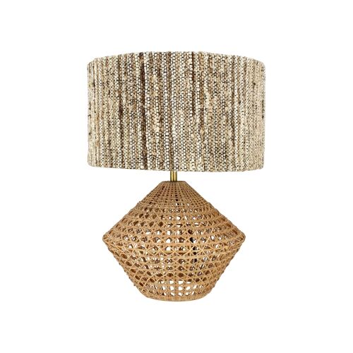 LAMPE A POSER PIED EN ROTIN NATUREL TRÉSSÉ FAIT A LA MAIN, ABAT-JOUR EN TWEED TONS BEIGE HT 48.5CM LINA