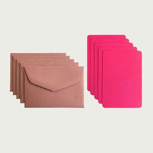 PACK DE 5 MINI CARTES UNIES ET 5 MINI ENVELOPPES - rose fluo et vieux rose