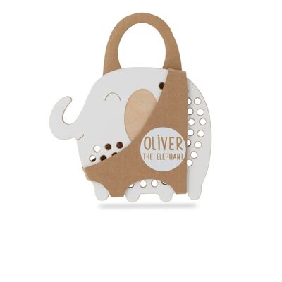 Oliver el elefante juguete de cordones de madera, Montessori, juguete educativo